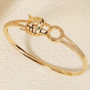 Anthropologie Gold Panther Bracelet with Green Accents